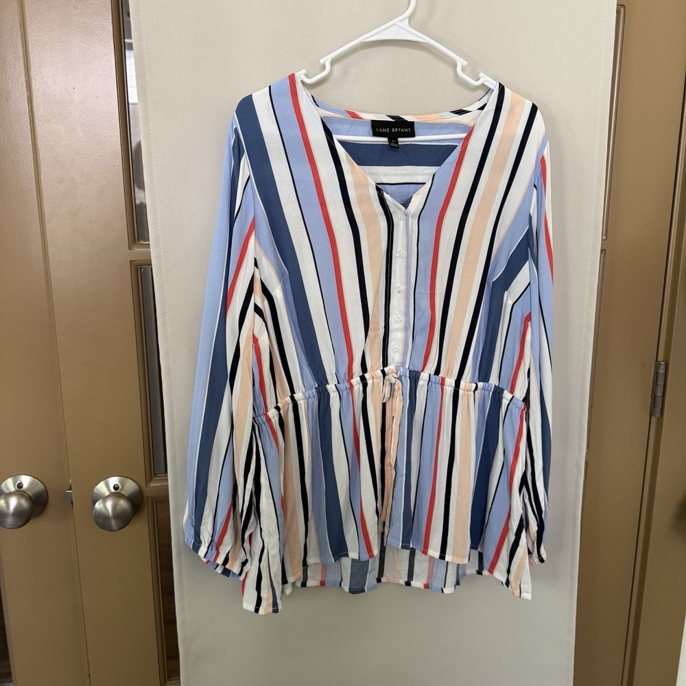 Lane Bryant‎ Womens 16 Multicolor Stripe Button Up V-Neck Cynched Waist Blouse